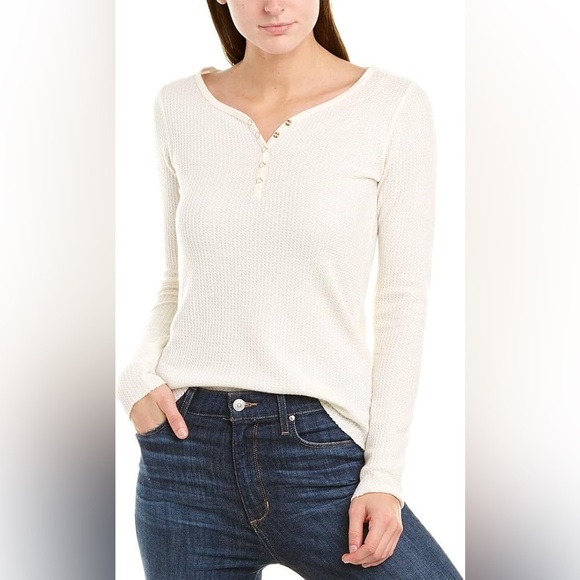 Nation LTD Neala Creme Waffle Knit Long Sleeve Snap Button Henley Shirt EUC Sz M - Picture 1 of 10